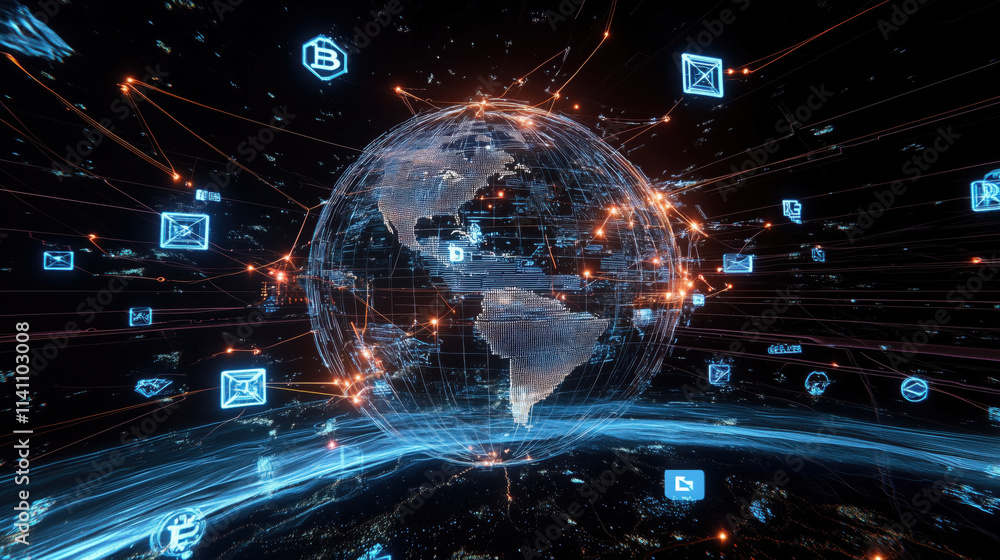 3D Globe with Orbiting Blockchain Symbols Representing Decentralized Global Finance 3D Globe with Orbiting Blockchain Symbols Representing Decentralized Global Finance