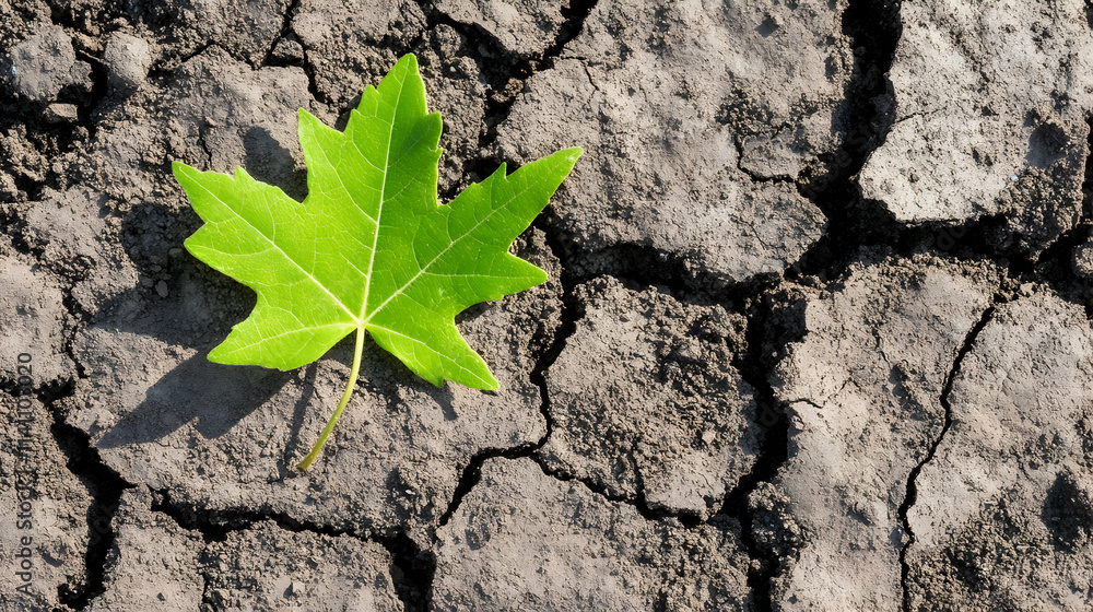Single green maple leaf on dry cracked earth. Single green maple leaf on dry cracked earth.