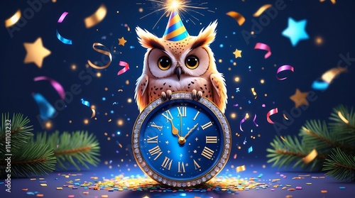 Owl New Year's Celebration: A whimsical digital illustration of an owl celebrating New Year's Eve with a clock and confetti. photo