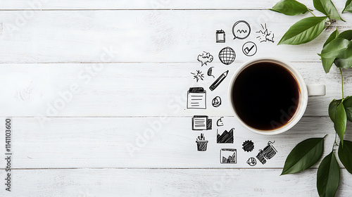 creative business plan sketch with coffee and greenery, inspiring ideas photo