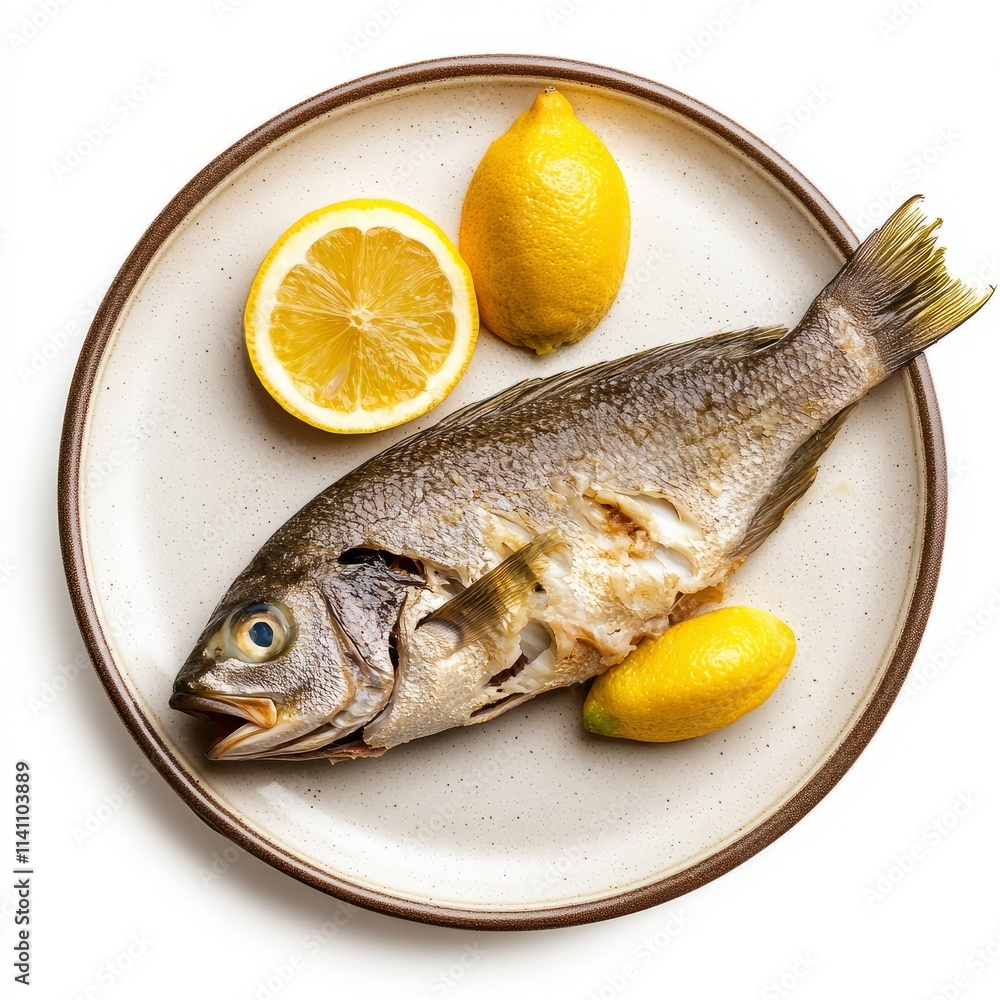 Steamed fish on a plate isolated on white background Steamed fish on a plate isolated on white background