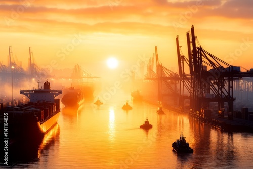 Tugboats navigating busy international port at golden hour sunrise