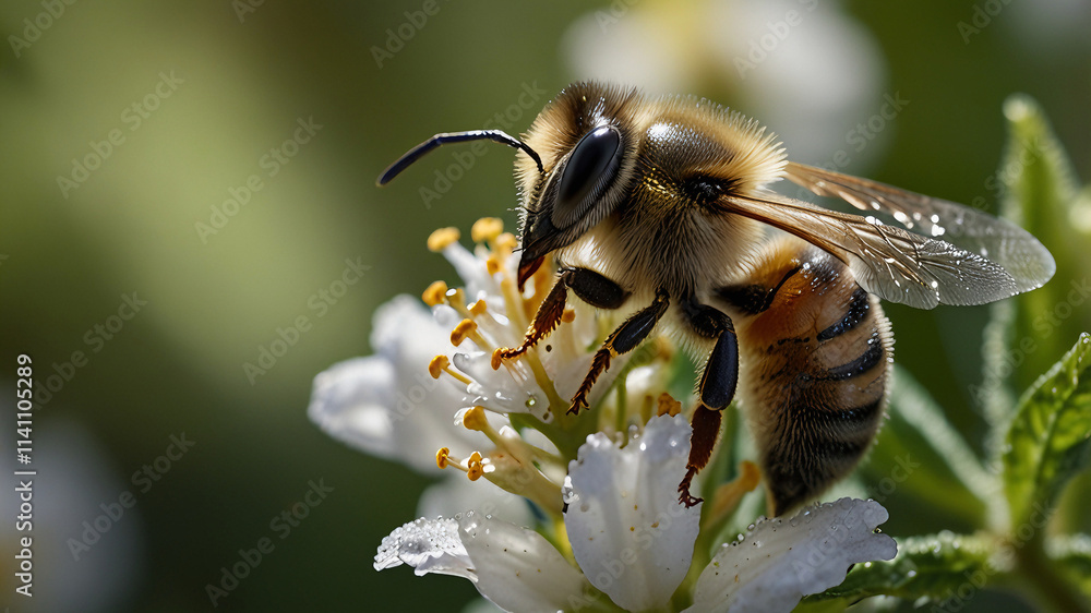 Honeybee in flight near a dew kissed flower. Pollen clings to its fuzzy body as shimmering droplets and soft sunlight enhance the fresh, serene beauty of nature. Honeybee in flight near a dew kissed flower. Pollen clings to its fuzzy body as shimmering droplets and soft sunlight enhance the fresh, serene beauty of nature.