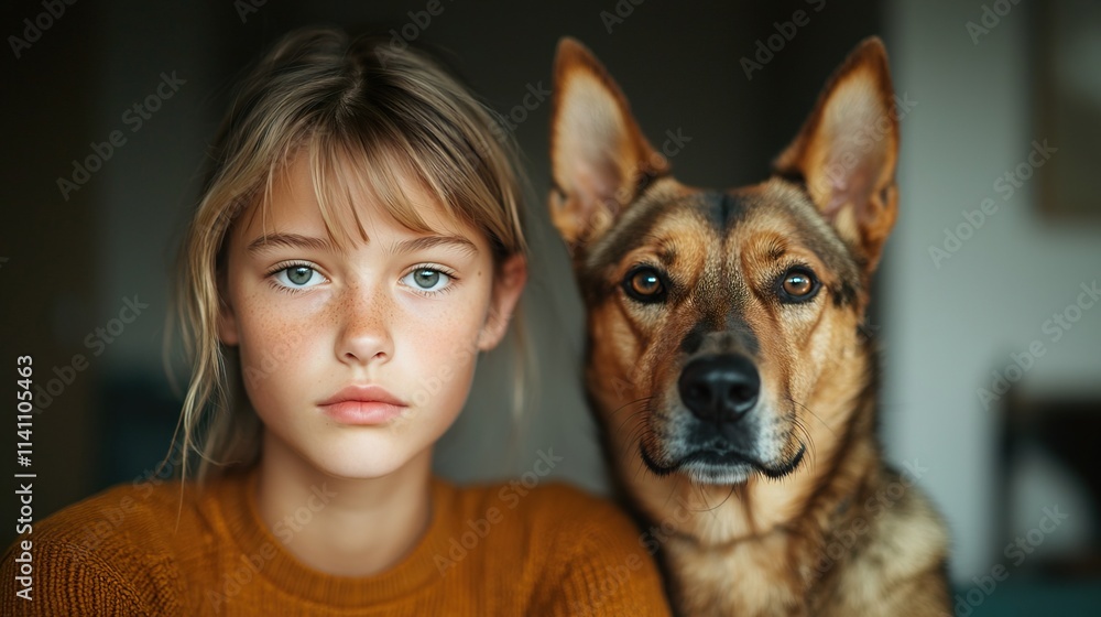 Obraz premium Focused Girl with Loyal Dog in Close-Up Shot, Female teenager enjoying study time with dog concept.