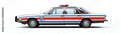 Classic police car with red and blue stripes, white isolate background.