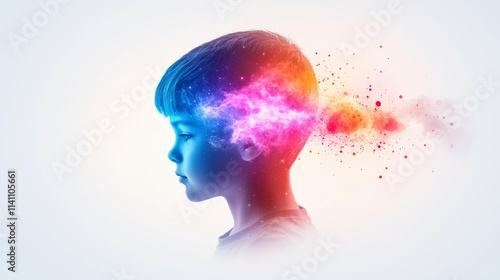 Wallpaper Mural Gentle watercolor design, soothing gradient background with subtle chaotic patterns, silhouette of a pensive boy for ADHD awareness Torontodigital.ca