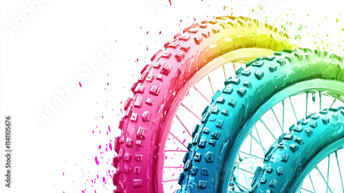 A digital painting of three vintage bicycle tires, stylized in soft gradients of turquoise, coral pink, and lime green, with detailed tread patterns and artistic splatter effects, giving a hand-drawn  photo