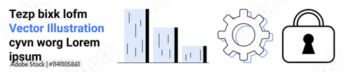 Bar chart analyzing data progress, gearwheel symbolizing technology and tools, padlock indicating security measures. Ideal for data analytics, technology integration, security solutions, business