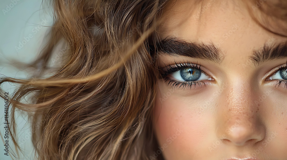 Naklejka premium Close up portrait of young woman with curly hair and striking blue eyes, conveying sense of beauty and confidence