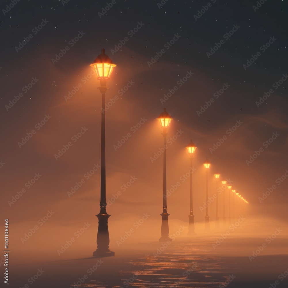 Ethereal and moody streetlamps cast a warm glow amidst the mysterious fog creating a captivating and atmospheric urban landscape in this serene and contemplative night scene Ethereal and moody streetlamps cast a warm glow amidst the mysterious fog creating a captivating and atmospheric urban landscape in this serene and contemplative night scene