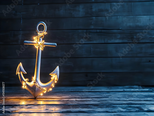 Illuminated silver anchor on dark wood background.