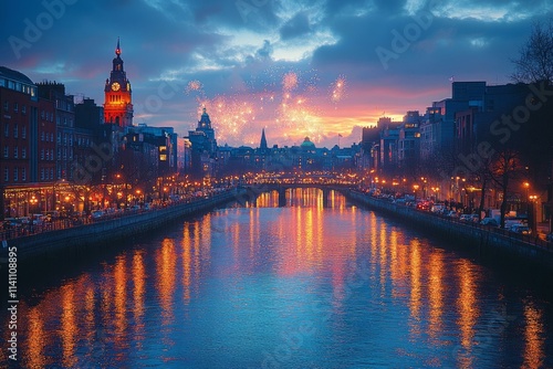 New Year fireworks over Dublin cityscape at sunset, vibrant reflections in river, festive urban celebration atmosphere
