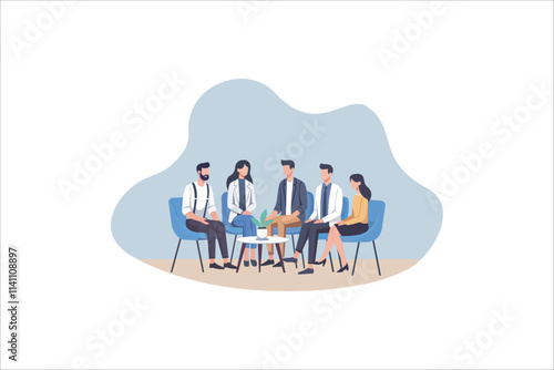 Group Therapy Addiction Treatment Concept. Characters Counseling with Psychologist on Psychotherapist Session. Doctor Psychologist Counseling with Diseased Patients. Vector Illustration
