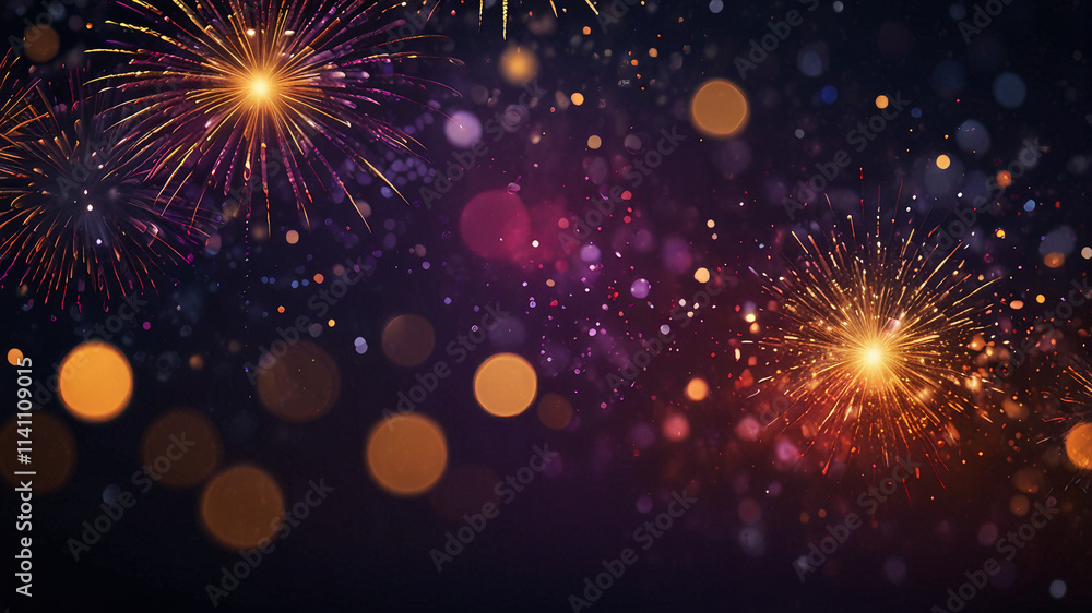 Obraz premium Firework inspired bokeh with golden and red light spots on a black-purple backdrop. Ideal for New Year, party graphics, or celebration-themed projects.
