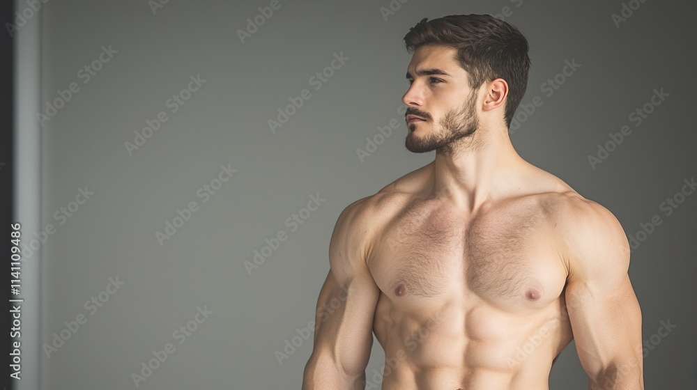 Fototapeta premium Male Athlete Posing with Strong Muscles in Studio Light, Dynamic portrayal of Asian bodybuilder concept.