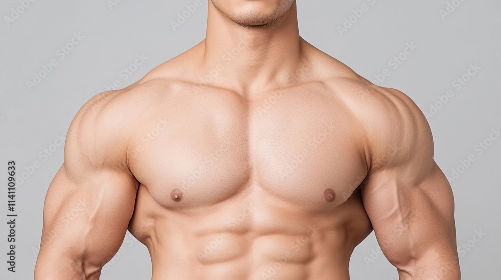 Fototapeta premium Muscular Bodybuilder Displaying Strong Shoulder Muscles, Dynamic portrayal of Asian bodybuilder concept.