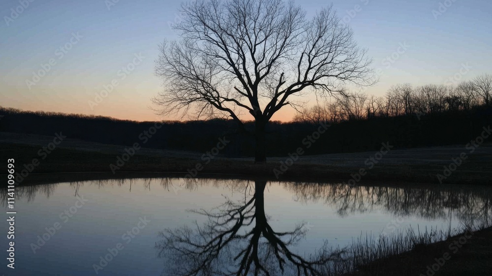 Serene Landscape at Dusk with Reflections on Calm Water Serene Landscape at Dusk with Reflections on Calm Water