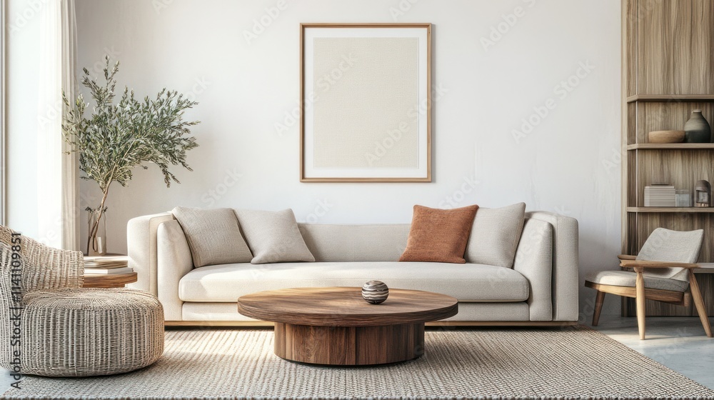 Modern Minimalist Living Room Interior Design: Beige Sofa, Wooden Coffee Table, and Natural Decor Modern Minimalist Living Room Interior Design: Beige Sofa, Wooden Coffee Table, and Natural Decor
