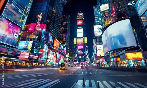 Vibrant Nighttime Metropolis: Times Square's Dazzling Lights and Motion Blur