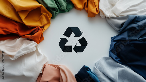 Colorful scraps of textiles in contrasting shades of warm and cool tones crumpled into a circular arrangement surrounding a clean recycling symbol on a white background, inspiring photo