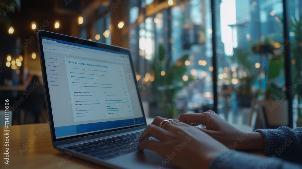 A detail shot of a businesswomanâs laptop screen displaying a job description, her manicured hands on the keyboard, set against a bright and modern cafe backdrop with soft music pl A detail shot of a businesswomanâs laptop screen displaying a job description, her manicured hands on the keyboard, set against a bright and modern cafe backdrop with soft music pl