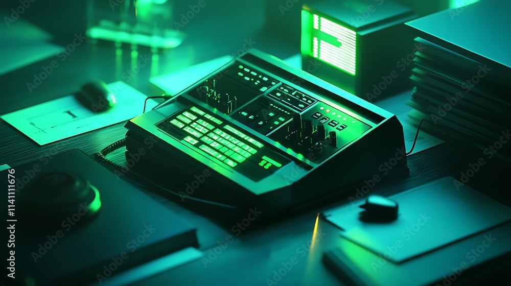 Futuristic green-lit synthesizer workstation with peripherals. Futuristic green-lit synthesizer workstation with peripherals.