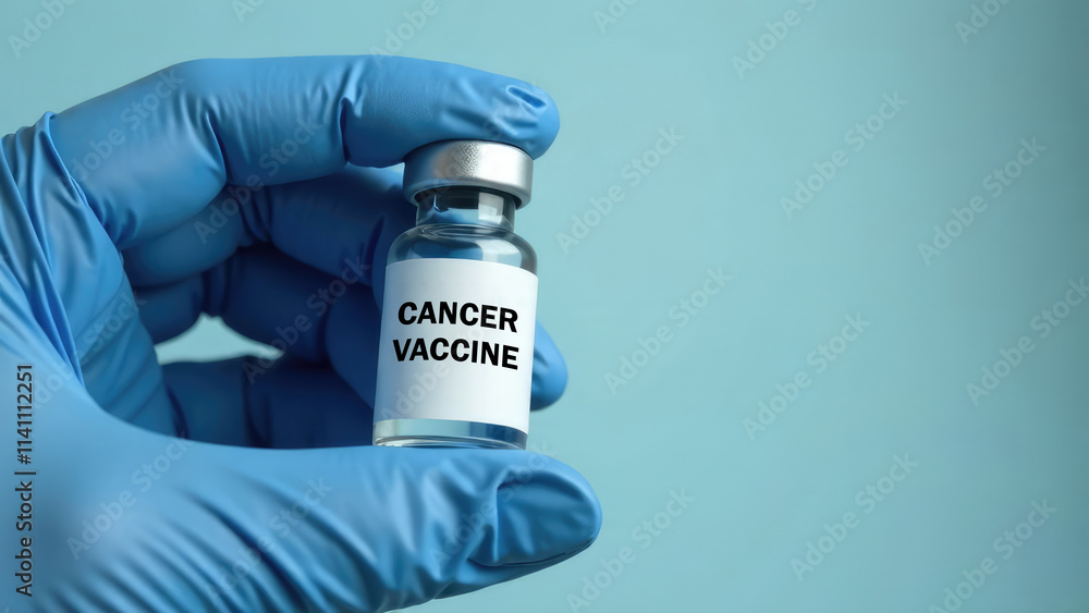 A gloved hand holds a small vial labeled A gloved hand holds a small vial labeled