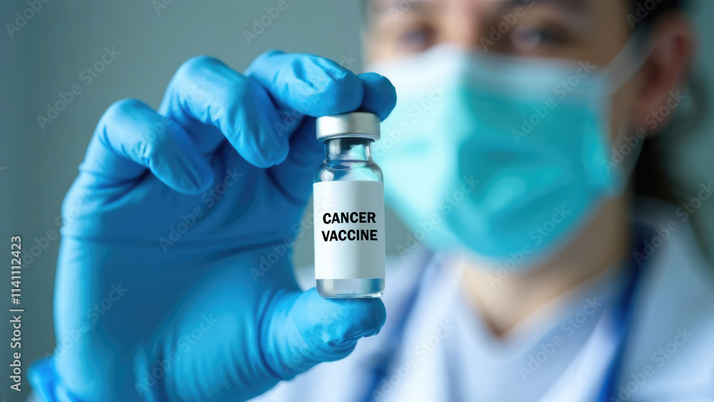 A person in blue gloves and a surgical mask holds a vial labeled A person in blue gloves and a surgical mask holds a vial labeled