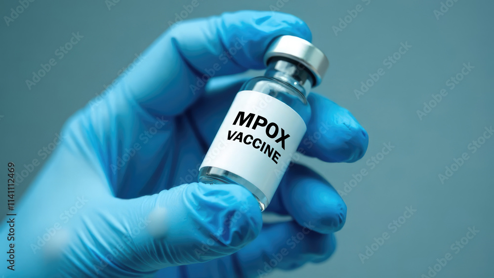 A gloved hand holds a small vial of Mpox vaccine against a muted blue background. Concept of Monkeypox Vaccine A gloved hand holds a small vial of Mpox vaccine against a muted blue background. Concept of Monkeypox Vaccine