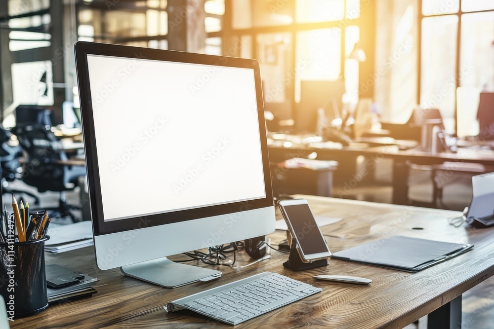 A modern personal computer with a blank white screen and keyboard reflects the start of a creative and focused work session. This image symbolizes fresh starts and endless possibilities. A modern personal computer with a blank white screen and keyboard reflects the start of a creative and focused work session. This image symbolizes fresh starts and endless possibilities.