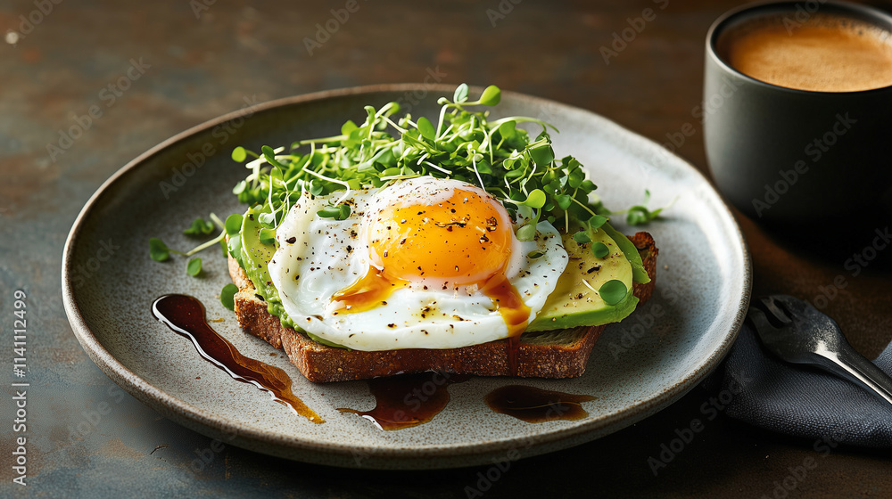 A gourmet avocado toast creation with a golden poached egg, scattered microgreens, and a drizzle of balsamic glaze, served on a rustic ceramic plate with a cup of espresso beside i A gourmet avocado toast creation with a golden poached egg, scattered microgreens, and a drizzle of balsamic glaze, served on a rustic ceramic plate with a cup of espresso beside i
