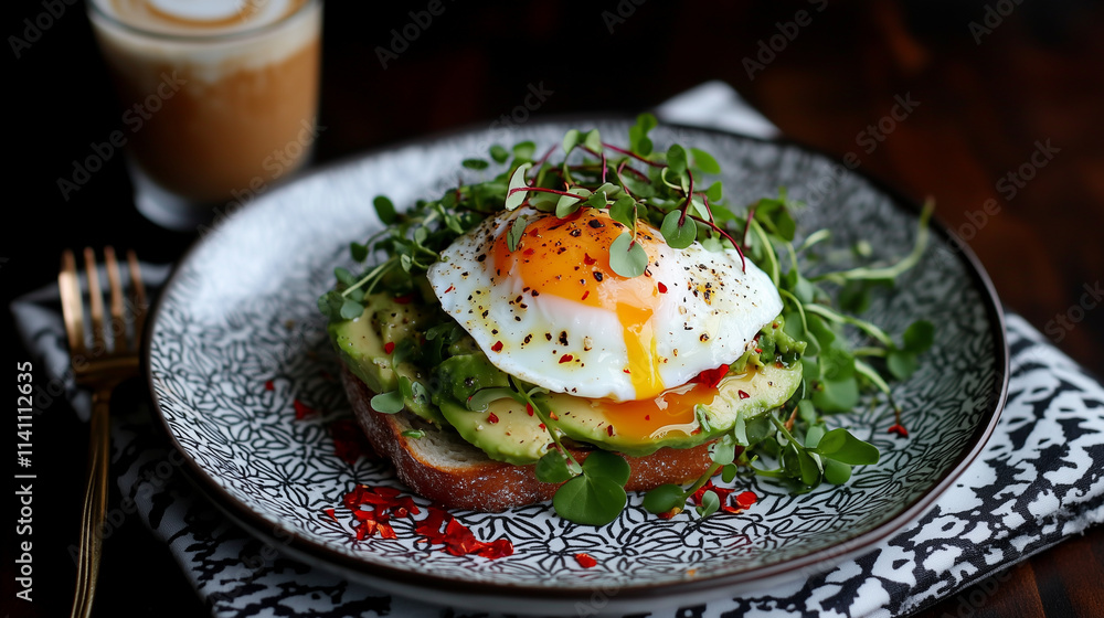An overhead shot of gourmet avocado toast topped with a poached egg, sprinkled with microgreens and red pepper flakes, styled on a patterned napkin with a latte in the background An overhead shot of gourmet avocado toast topped with a poached egg, sprinkled with microgreens and red pepper flakes, styled on a patterned napkin with a latte in the background