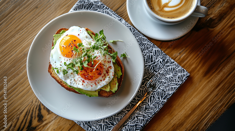 An overhead shot of gourmet avocado toast topped with a poached egg, sprinkled with microgreens and red pepper flakes, styled on a patterned napkin with a latte in the background An overhead shot of gourmet avocado toast topped with a poached egg, sprinkled with microgreens and red pepper flakes, styled on a patterned napkin with a latte in the background