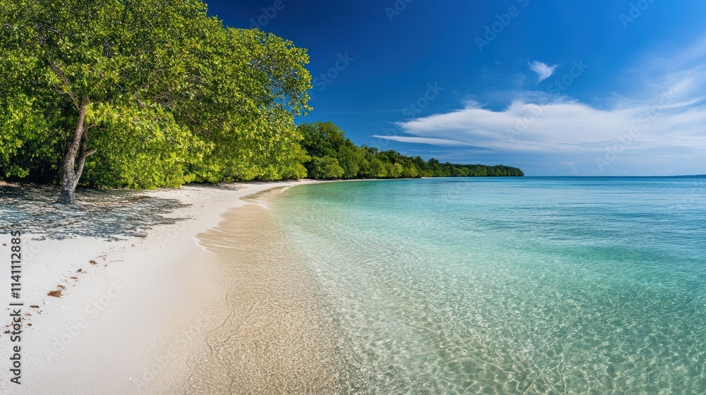 Obraz premium Serene Tropical Beach Paradise: Crystal Clear Waters and Lush Greenery