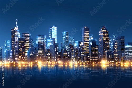 A city skyline at night with glowing skyscrapers and global network lines, representing international finance and global cities #1141113071