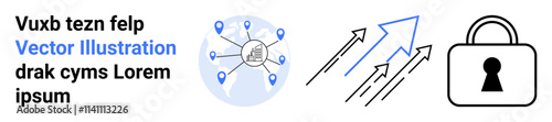 Network diagram with central server, connected nodes, blue arrows indicating growth or data flow, and a padlock symbolizing security. Ideal for cybersecurity, data protection, growth strategy, IT