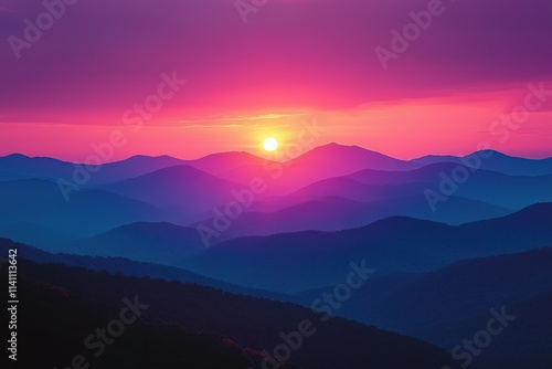 Breathtaking sunset over rolling mountains with vibrant pink and purple hues in the sky at dusk. Generative AI