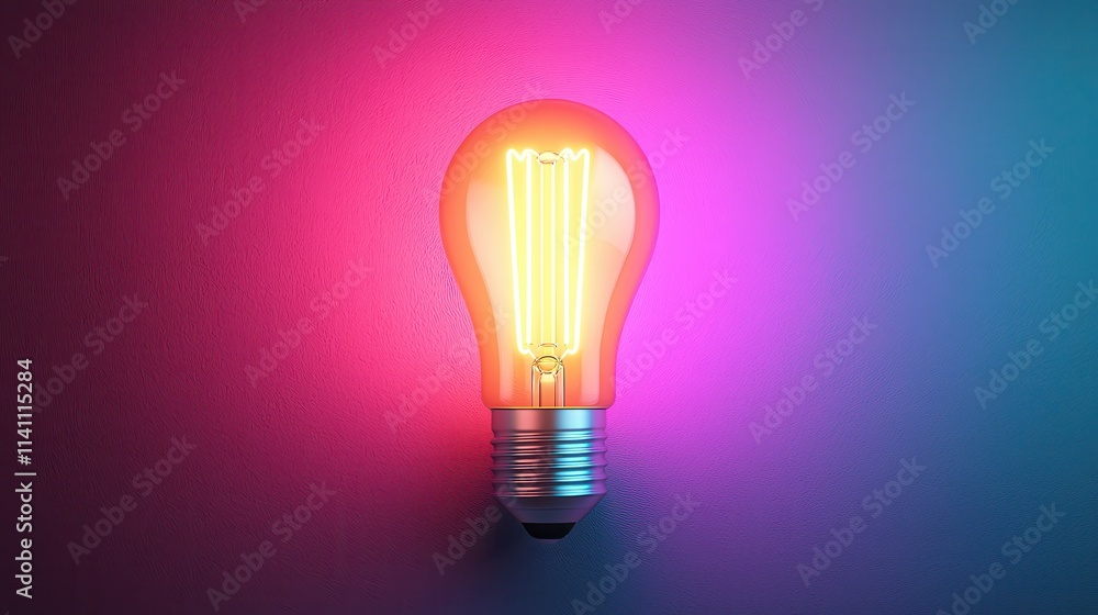 Vibrant Light Bulb Emitting Neon Glow Against Colorful Background Vibrant Light Bulb Emitting Neon Glow Against Colorful Background