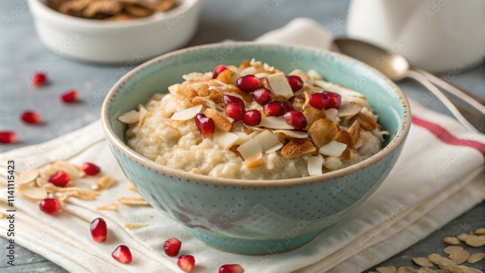 A closeup shot of a bowl filled with perfectly cooked oatmeal dotted with toasted coconut flakes and accompanied by a tering of bright pomegranate arils all resting on a A closeup shot of a bowl filled with perfectly cooked oatmeal dotted with toasted coconut flakes and accompanied by a tering of bright pomegranate arils all resting on a