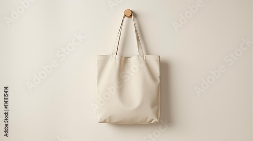 Blank Canvas Tote Bag on Hook, Modern Fashion Mockup photo