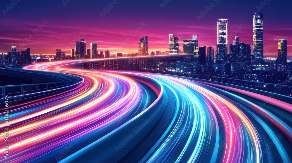 Fototapeta premium Vibrant Night Cityscape with Dynamic Light Trails and Skyscrapers in Urban Landscape Capturing the Energy and Motion of Modern Metropolis at Dusk