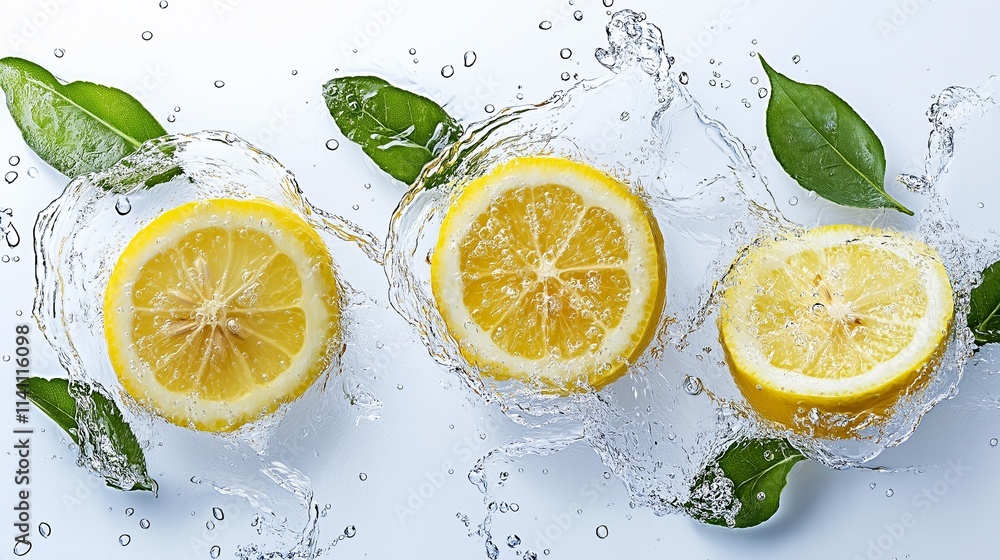 lemon slice and green leaves in water splash, isolated white background lemon slice and green leaves in water splash, isolated white background