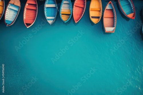 Top-down view of six vibrant wooden boats floating on crystal clear turquoise water arranged in a row photo