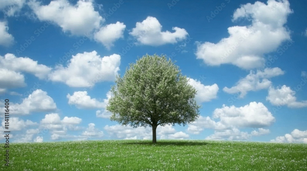 Majestic solitary tree on vibrant green field under blue sky Majestic solitary tree on vibrant green field under blue sky