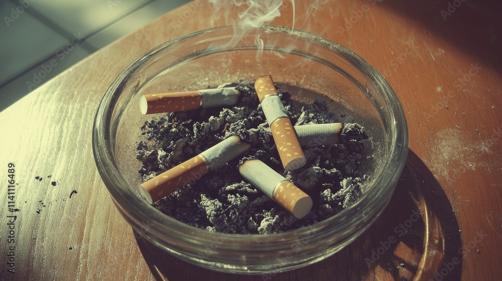 Ashtray with Smoldering Cigarettes and Ash on Wooden Surface Ashtray with Smoldering Cigarettes and Ash on Wooden Surface