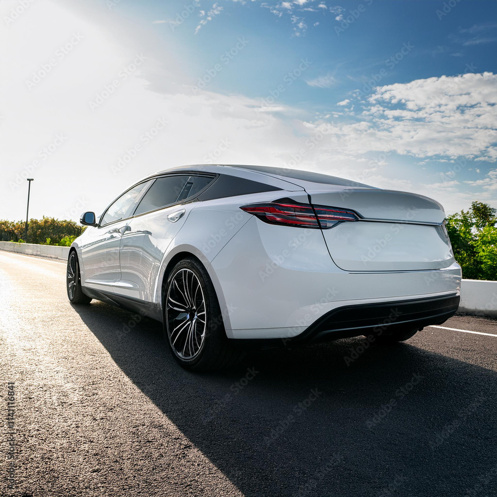 Shiny White Coupe Set on an Urban Street – Rear Quarter Perspective Shiny White Coupe Set on an Urban Street – Rear Quarter Perspective