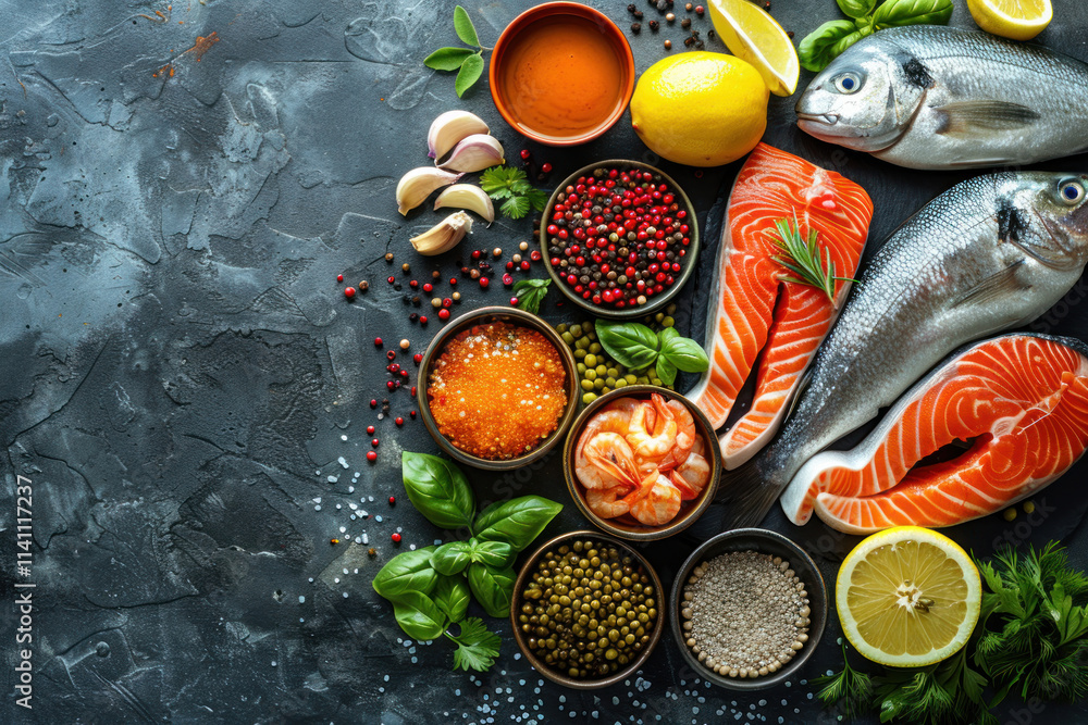 Assortment of fresh fish and seafood.. Assortment of fresh fish and seafood..