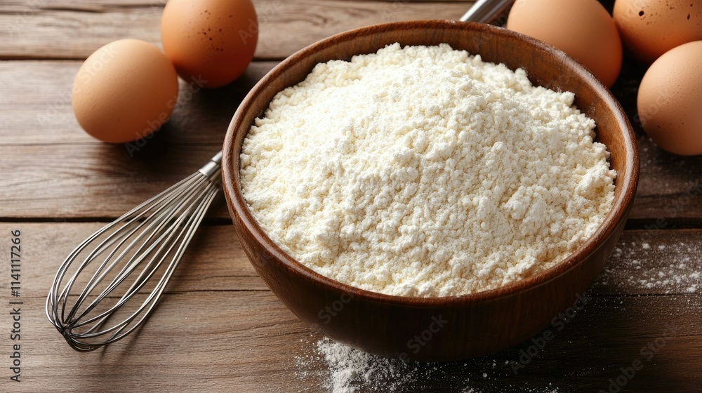 Fresh Baking Ingredients with Flour and Eggs on Rustic Table Fresh Baking Ingredients with Flour and Eggs on Rustic Table