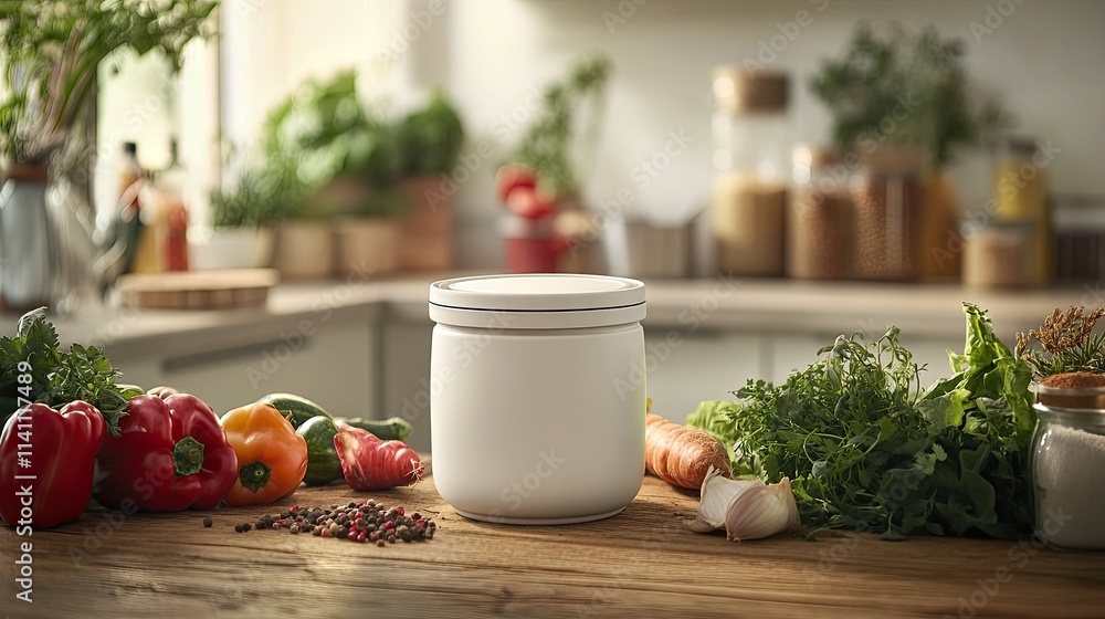 White container on wooden table surrounded by fresh vegetables White container on wooden table surrounded by fresh vegetables