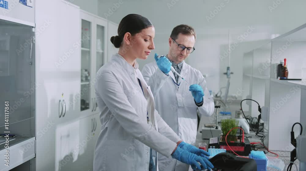 In laboratory two scientists with protective gloves woman hold tube in a light laboratory. Medicine, biotechnology, chemistry In laboratory two scientists with protective gloves woman hold tube in a light laboratory. Medicine, biotechnology, chemistry